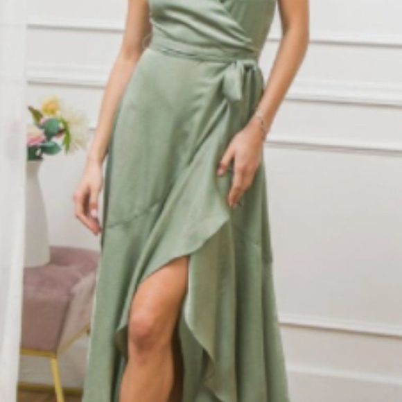 Solid Satin Midi Sage Dress - Picture 2 of 4